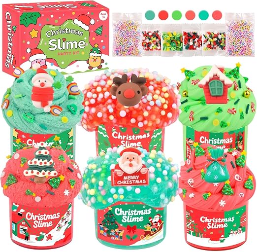 6 Pack Christmas Slime Stocking Stuffers for Kids, with Butter Clear Cloud Slime, Classroom Party Favors, Xmas Gifts for Girls & Boys 4-12, Sensory Stress Relief Toys & Holiday Party Supplies